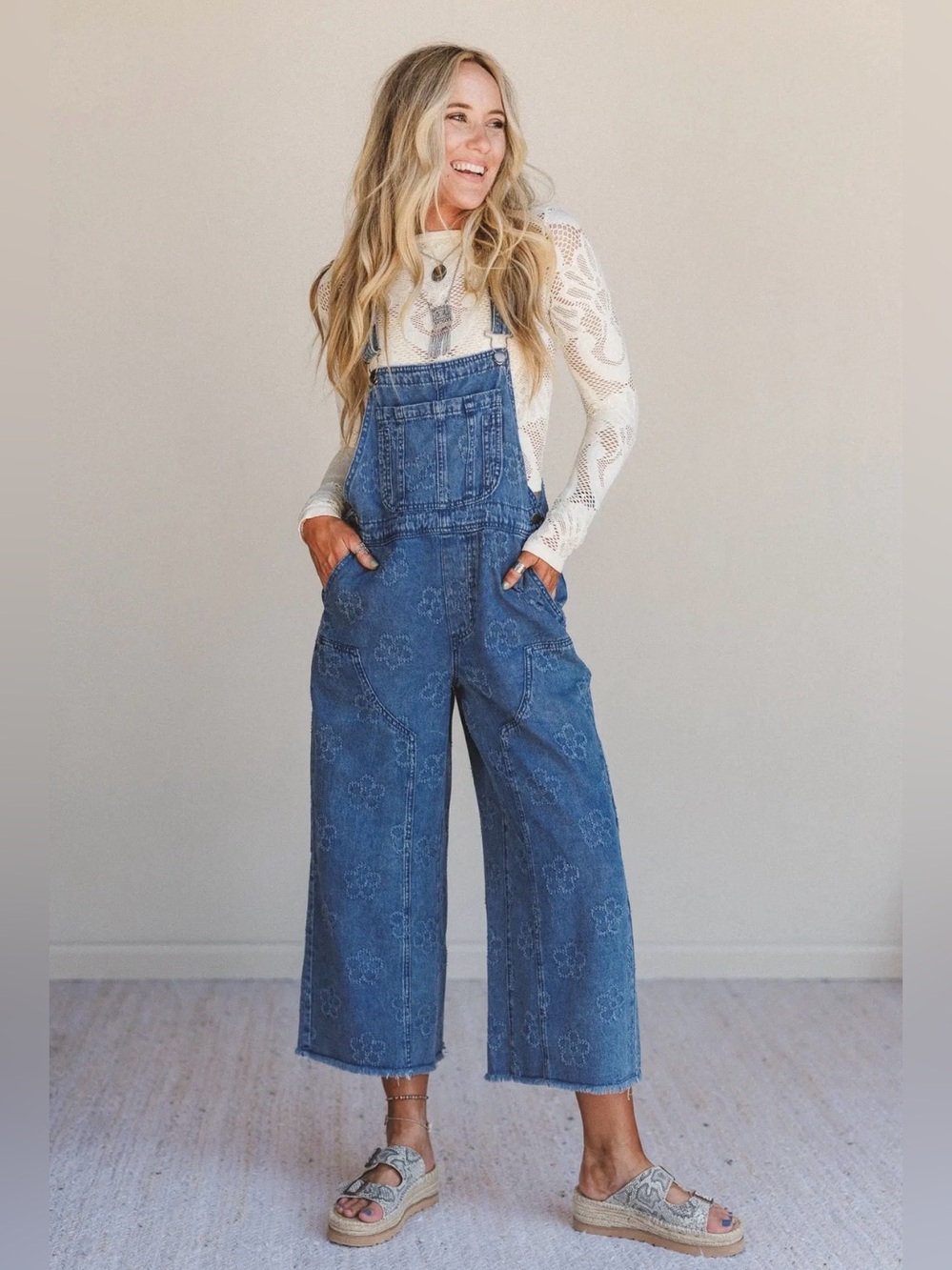 Easel Chasing Flowers Embroidered Overalls